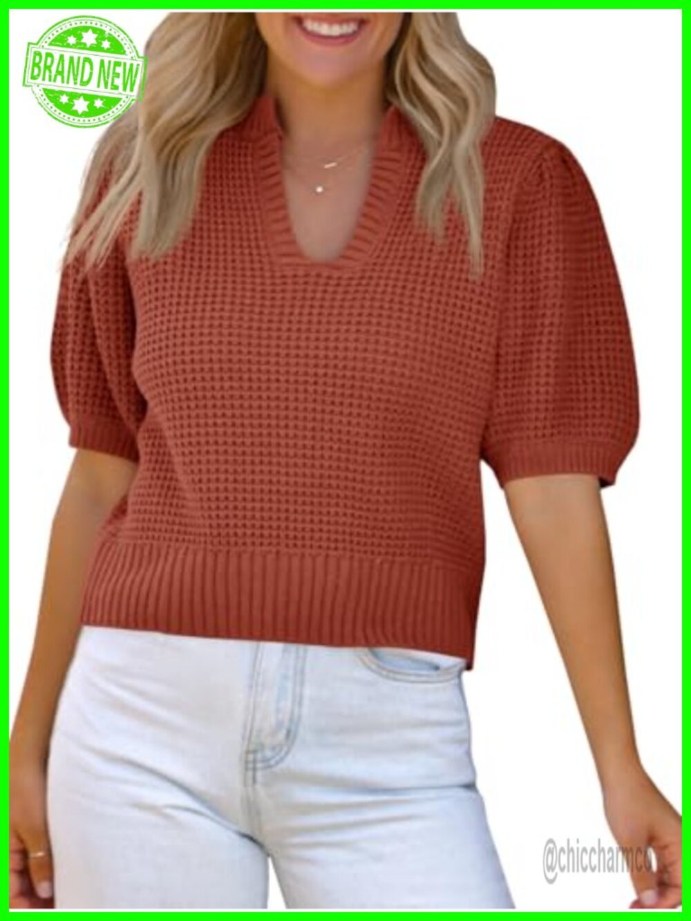 Waffle Knit Puff Short Sleeve V-Neck Sweater Top Loose Fit Casual